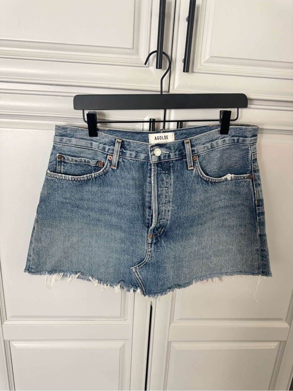 Agolde Light Wash Denim Cutoff Mini Skirt
